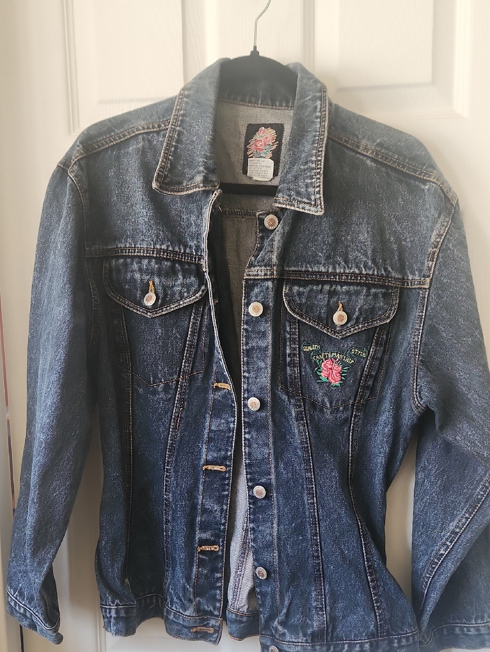 Jordache Dark Blue Denim Jacket with Pink Rose Embroidery